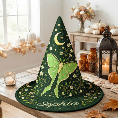 Personalized Luna Moth Quilted Witch Hat, Celestial Moon Phase Halloween Decor UKND6070811