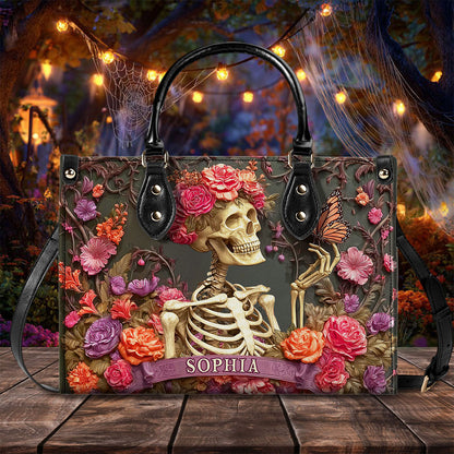 Personalized Skull Flower Halloween Leather Handbag UKTO5050902