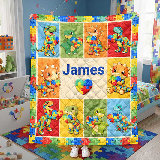 Personalized Autism Dinosaur Quilt Blanket QFND6060201
