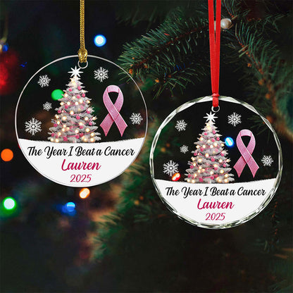 Personalized The Year I Beat a Cancer Glass Ornament, Acrylic Ornament, Beating Breast Cancer Gifts QFHA4071101