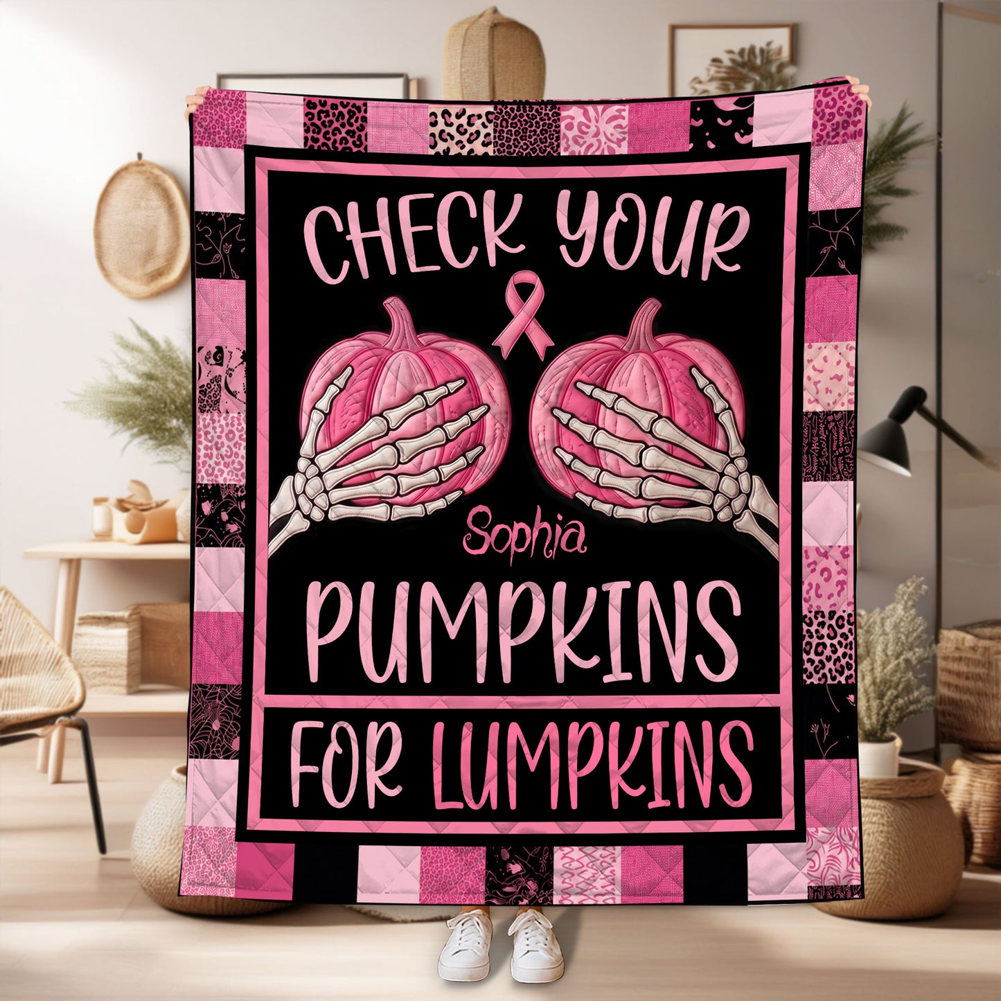 Custom Check Your Pumpkins Quilt Breast Cancer THTD6170602