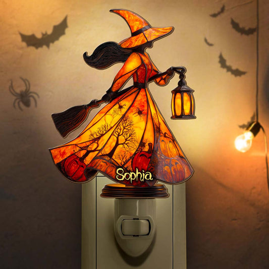 Personalized Gothic Witch Lamp, Witchy Custom Shape Plug-In Suncatcher Night Light, Stained Glass Night Light QFTD5280802