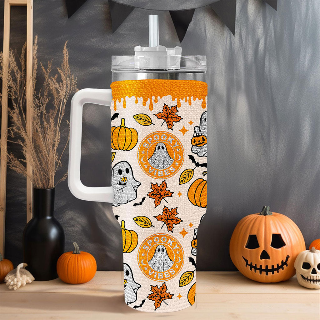 Ghost 40Oz Rhinestone Tumbler, Ghost Coffee, Spooky Vibes Tumbler, Halloween Gift QFTO4140804