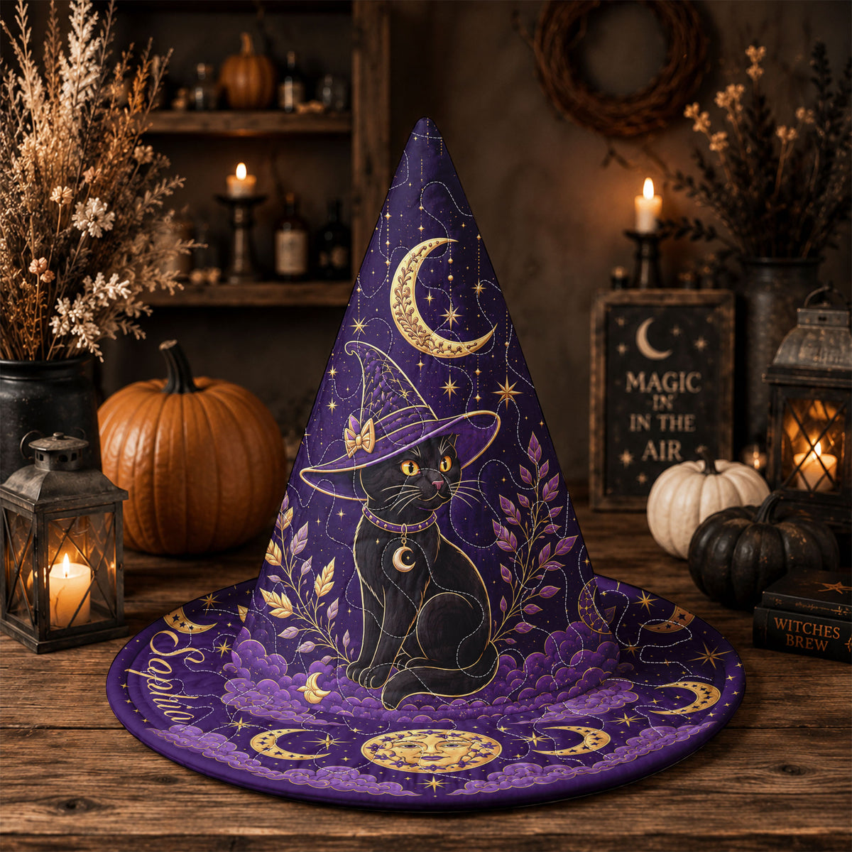 Personalized Black Cat Halloween Quilted Witch Hat UKND6070812