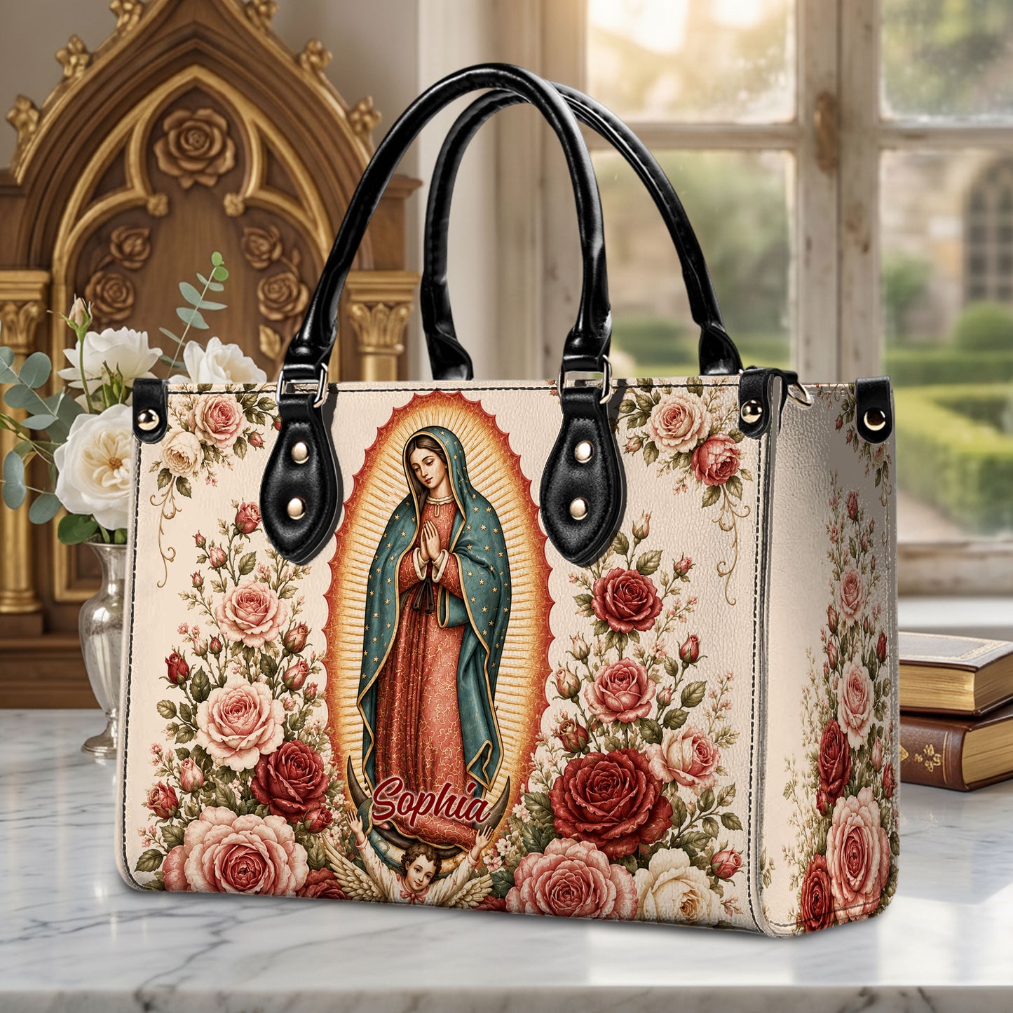 Custom Catholic Virgin Mary And Rose Handbag And Wallet, Our Lady of Guadalupe Gift PMTD6240605