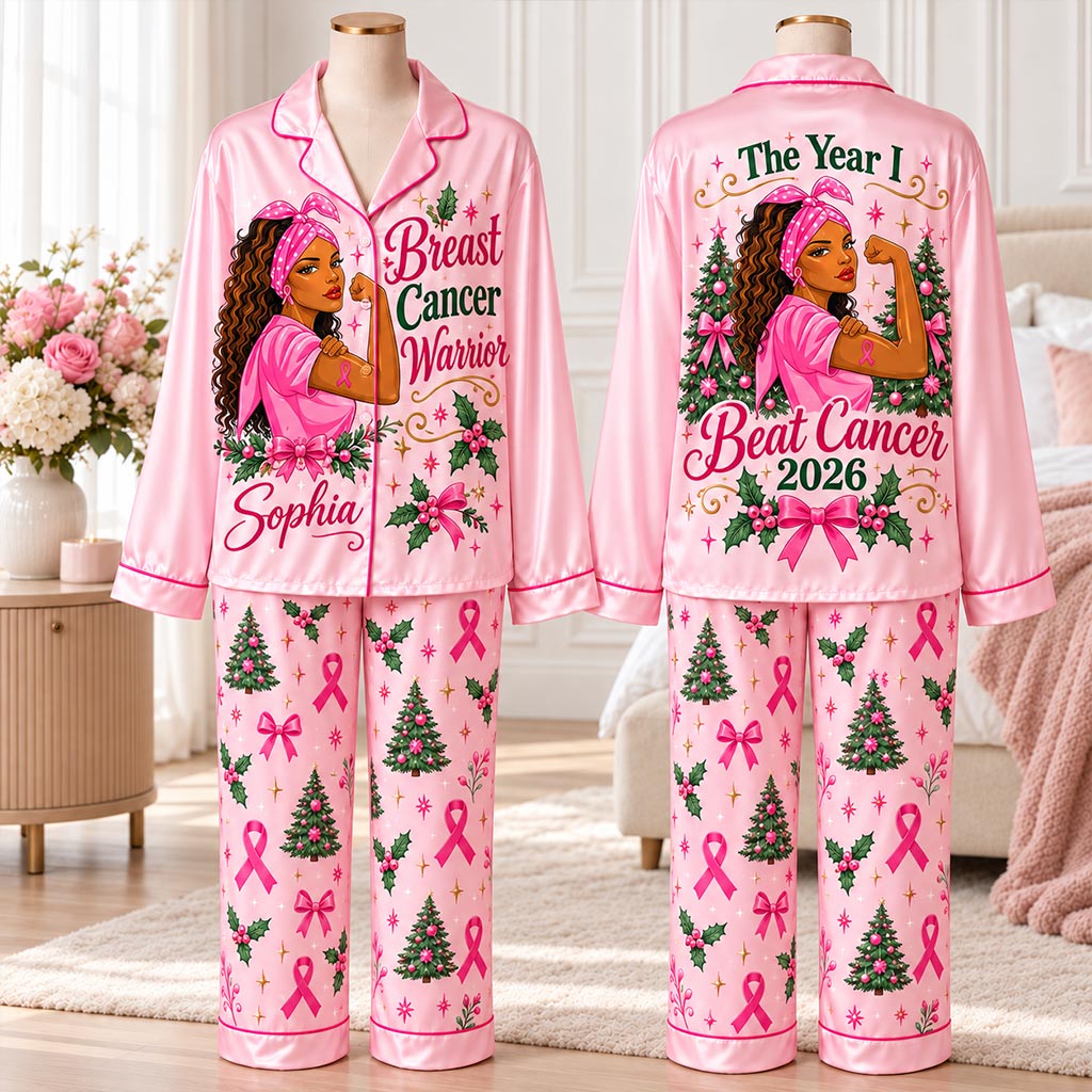 Personalized Breast Cancer Awareness Satin Pajama Set UKHA6061005