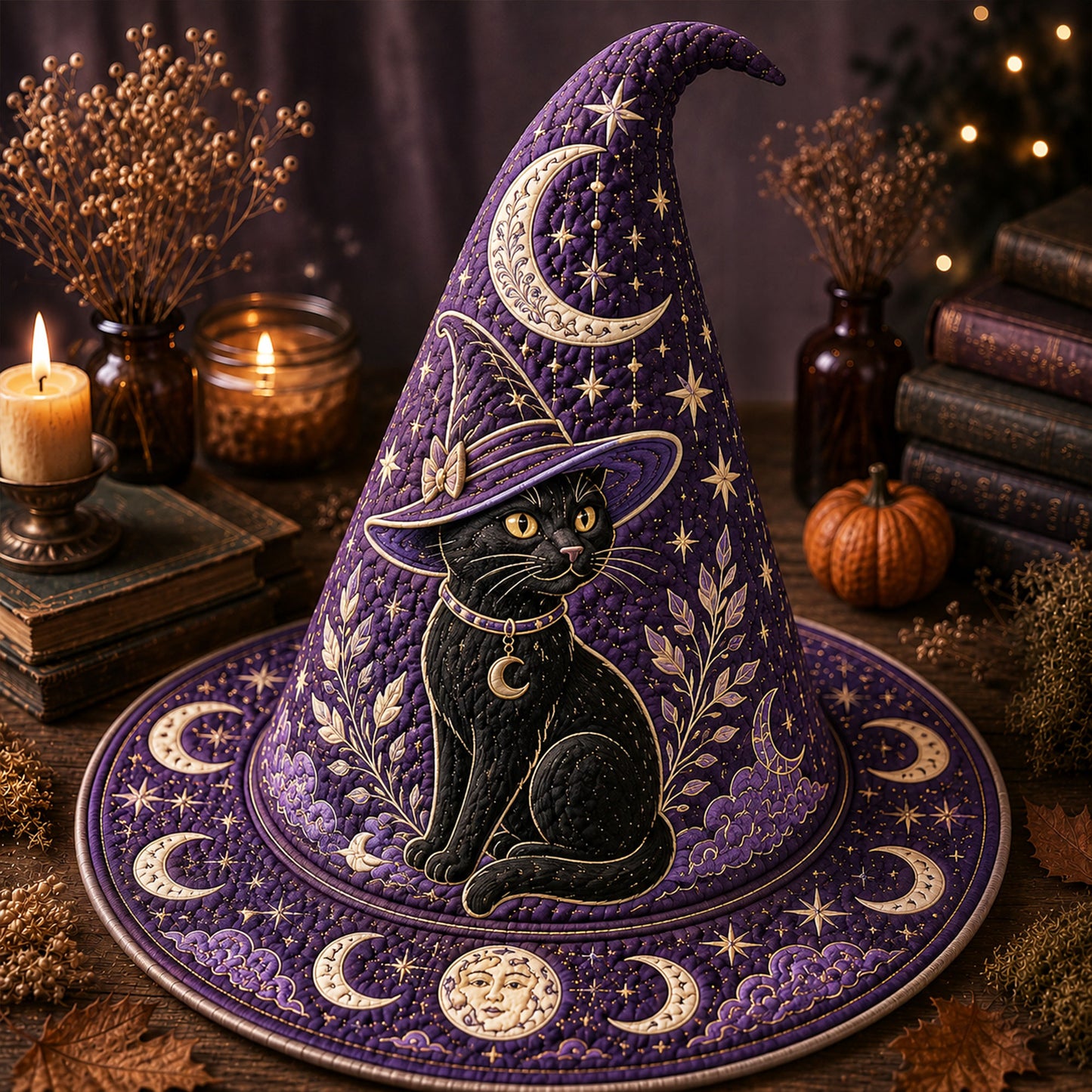 Personalized Black Cat Halloween Quilted Witch Hat UKND6070812