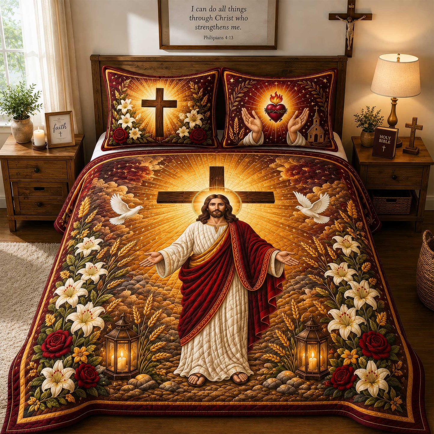 Jesus Quilted Bedding Set, Faith Over Fear, Religious Bedroom Decor UKNT6110801