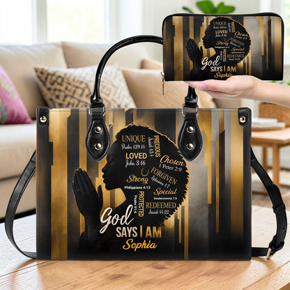Custom Black Women God Says I Am Afro Girl Leather Handbag THUU6110302