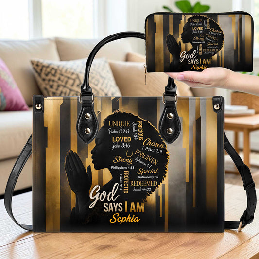 Custom Black Women God Says I Am Afro Girl Leather Handbag THUU6110302