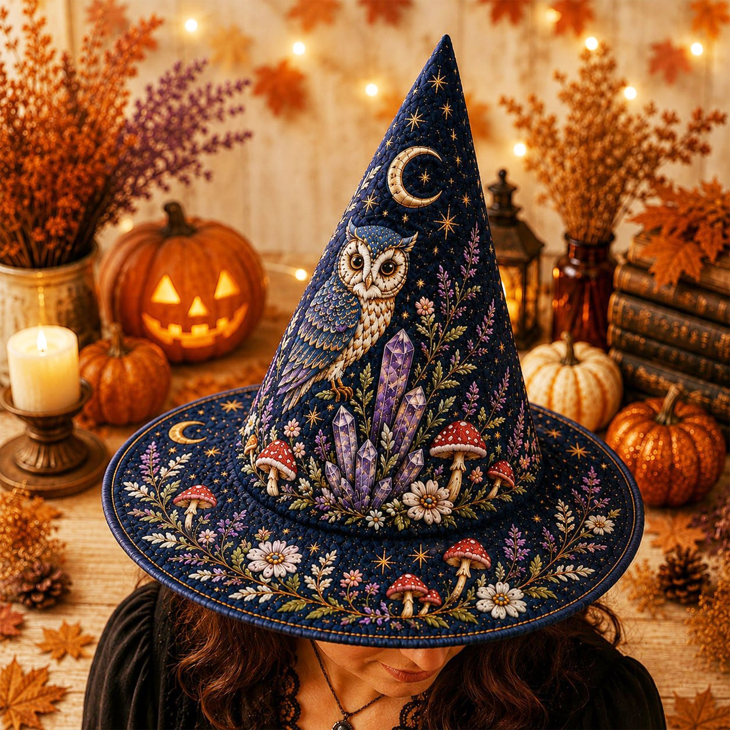 Personalized Owl Halloween Quilted Witch Hat UKND6070810