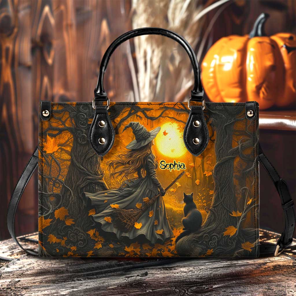 Personalized Witch And Black Cat Art Print Handbag With Handle, Witchy Halloween Bags QFTD5040704
