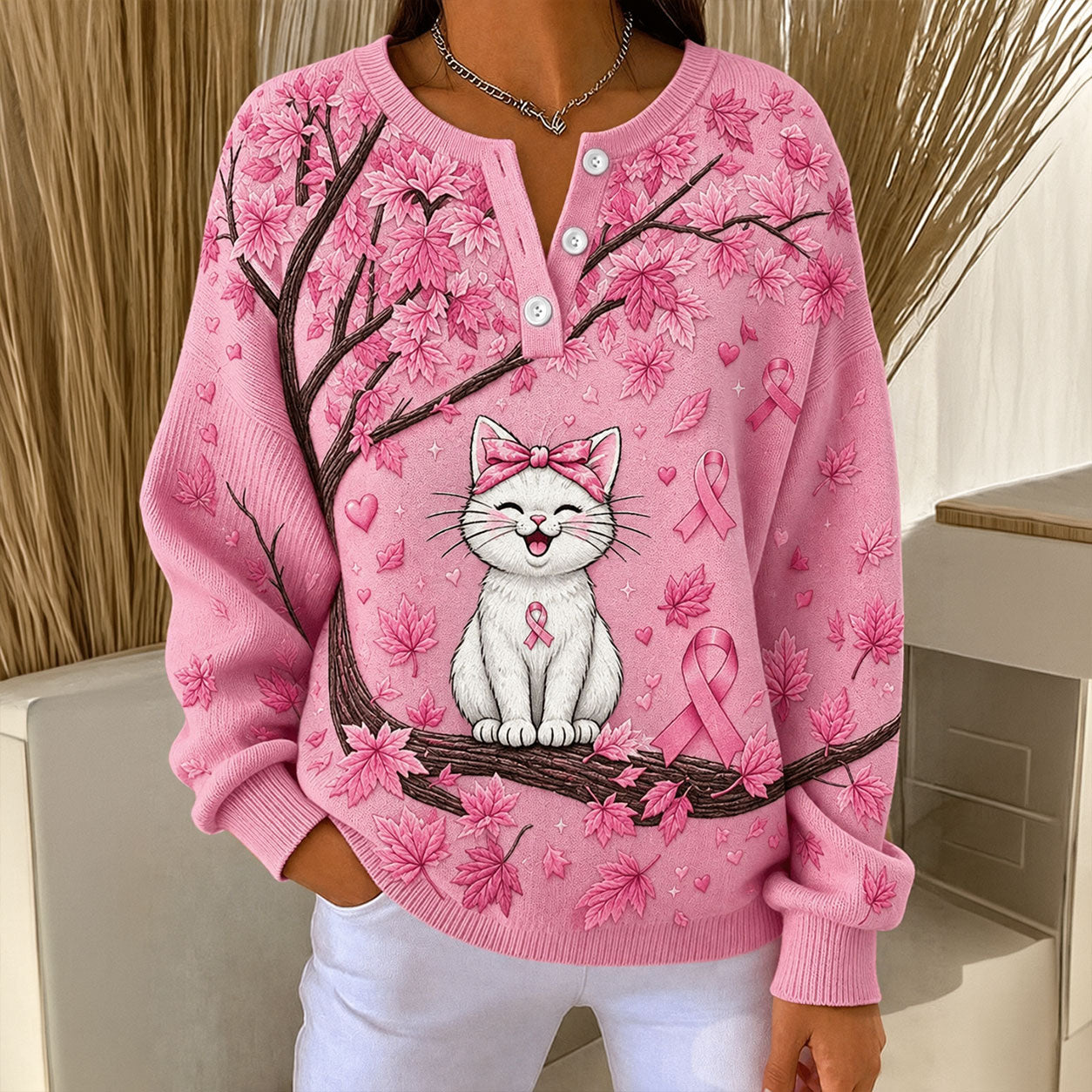 Breast Cancer Awareness Buttoned Cardigan Sweater UKTD6130801