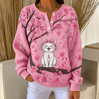 Breast Cancer Awareness Buttoned Cardigan Sweater UKTD6130801