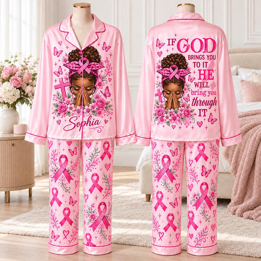 Personalized Breast Cancer Awareness Satin Pajama Set UKHA6061004