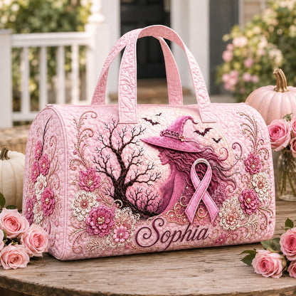 Personalized Pink Witch Quilted Duffle Bag, Custom Name Breast Cancer Awareness Travel Bag, Pink Ribbon Halloween Gift for Her QFTD6150804