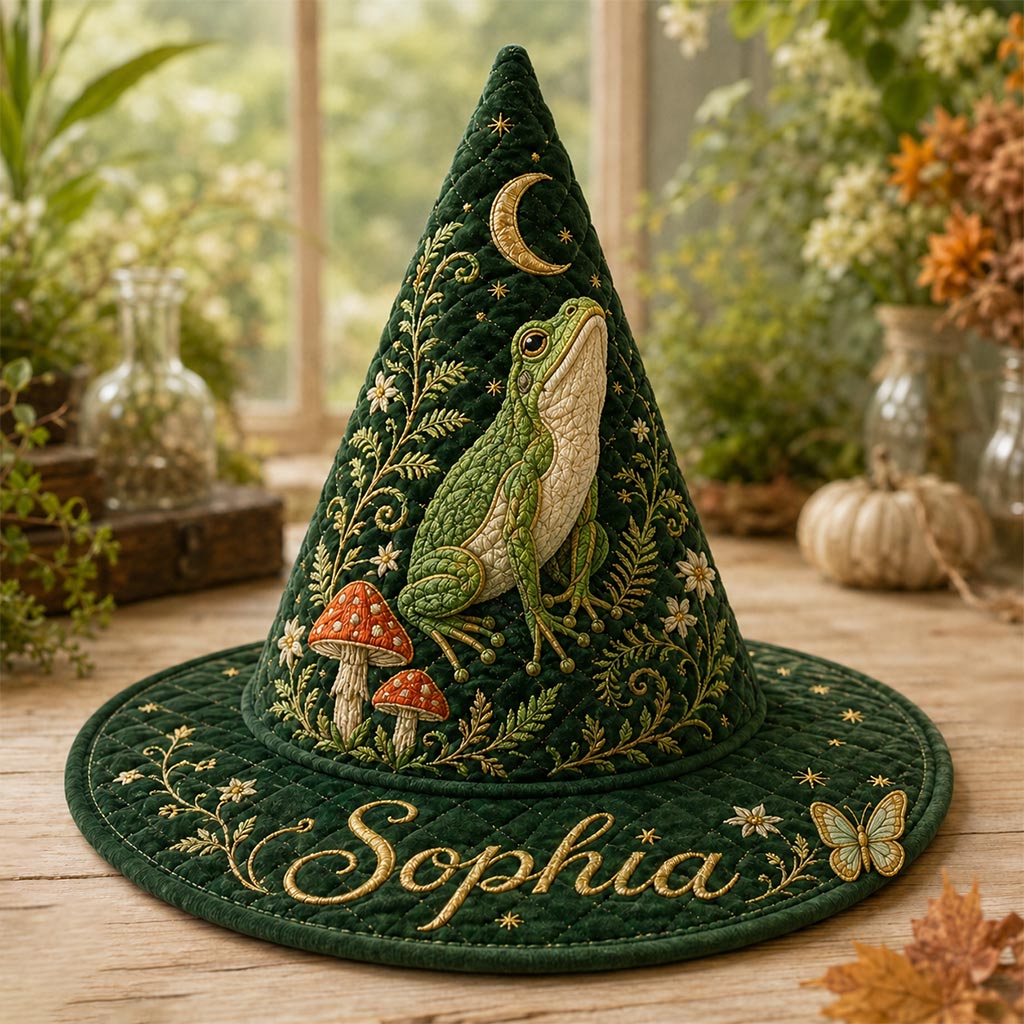 Vintage Green Frog Moon Quilted Witch Hat, Halloween Costume, Spooky Season Party Hat, Witchy Accessory, Halloween Gift QFHA6110805