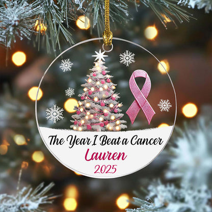 Personalized The Year I Beat a Cancer Glass Ornament, Acrylic Ornament, Beating Breast Cancer Gifts QFHA4071101
