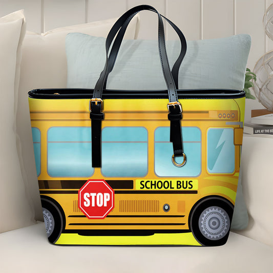 School Bus Driver Leather Tote Bag, Back To School Gifts, Beginning Of School Year Gifts, Bus Driver Leather Tote Bag, School Bus Driver Christmas Gifts Leather Tote Bag QFTD4050701