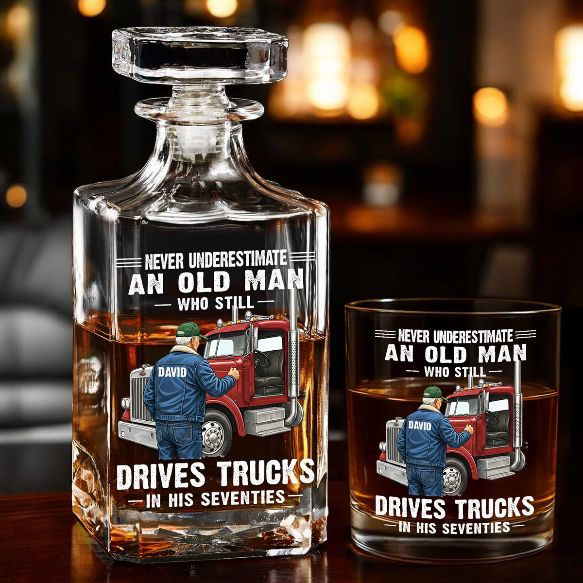 Custom Never Underestimate Drivers Trucks Decanter Set THHH6020301