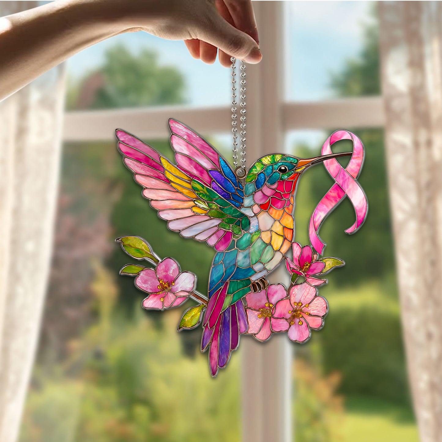 Breast Cancer Hummingbird Ribbon Acrylic Suncatcher & Card QFTD6020101