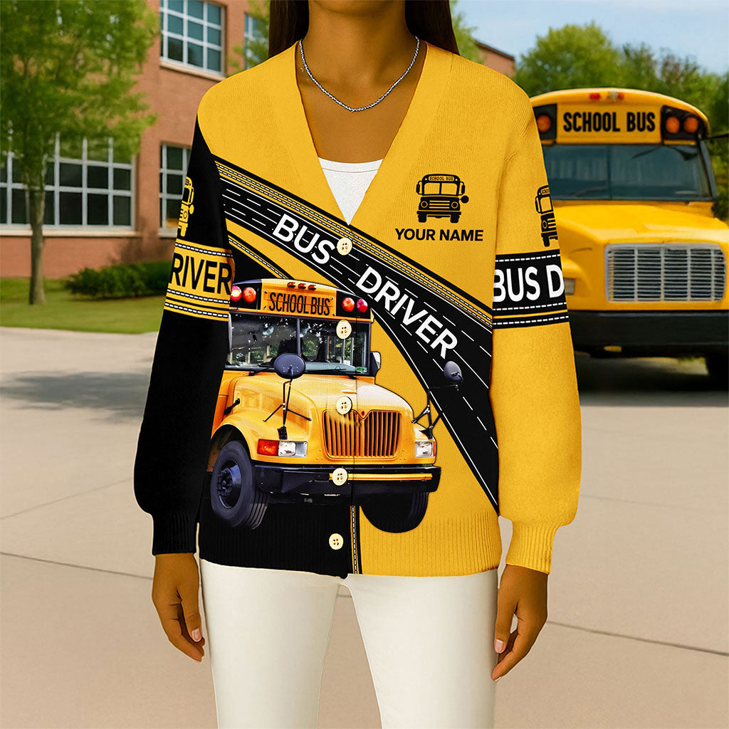 Personalized Name School Bus Driver Knitted Cardigan UKNT5091006