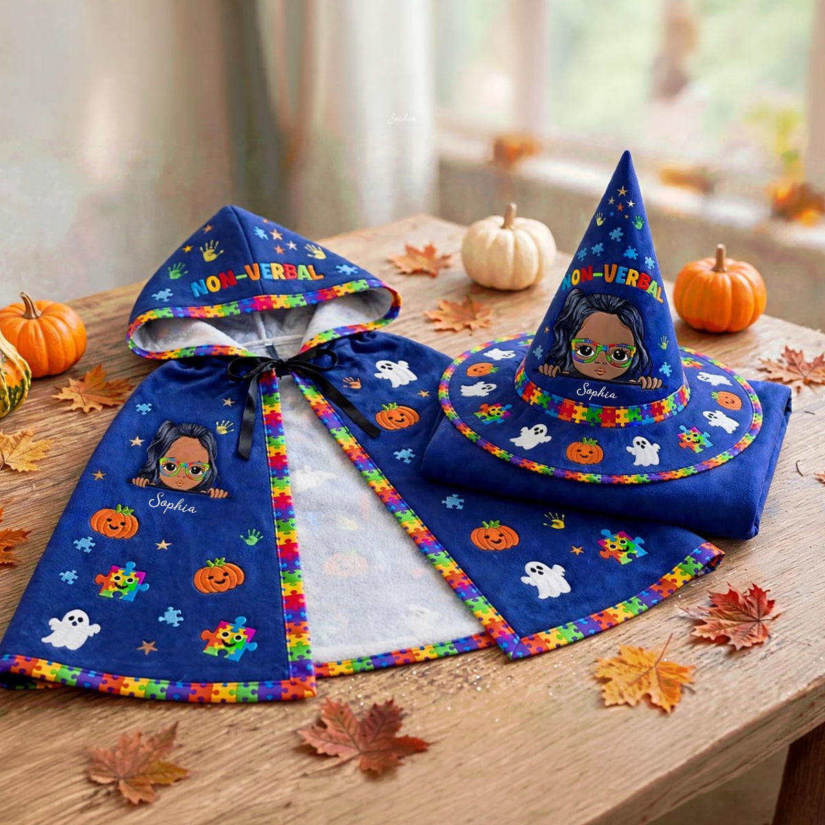 Personalized Autism Witch Quilted Witch Hat, Non Verbal Halloween Autism Witch Hat, Autism Kid Halloween Hooded Cloak, Autism Kids Witchy Collection NPND6030907