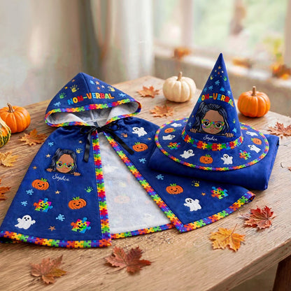 Personalized Autism Witch Quilted Witch Hat, Non Verbal Halloween Autism Witch Hat, Autism Kid Halloween Hooded Cloak, Autism Kids Witchy Collection NPND6030907