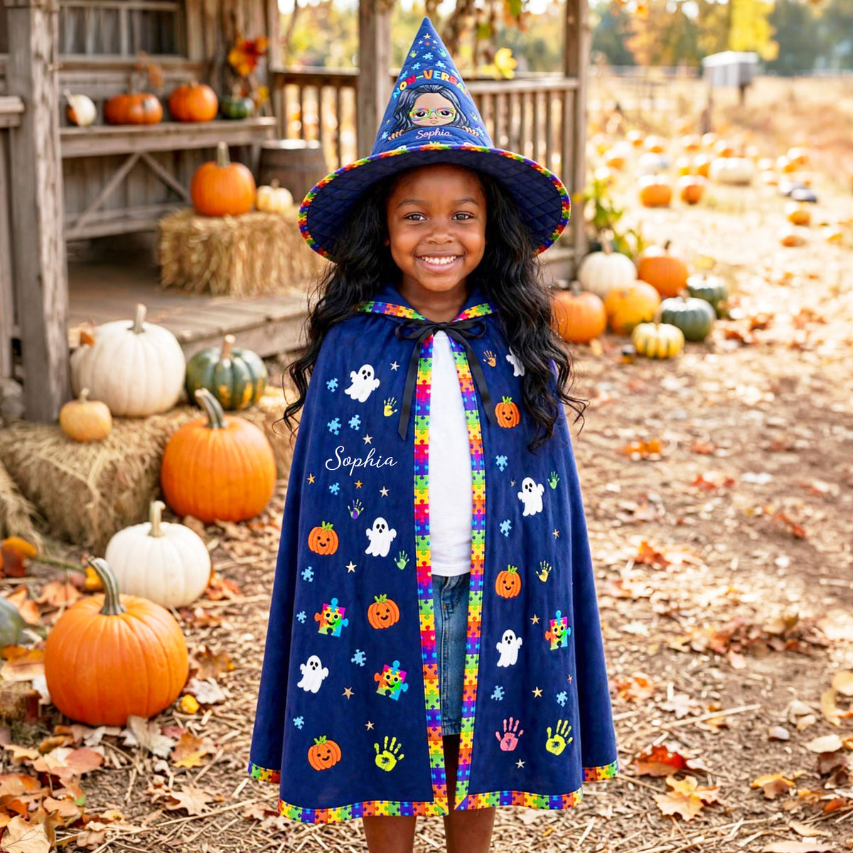 Personalized Autism Witch Quilted Witch Hat, Non Verbal Halloween Autism Witch Hat, Autism Kid Halloween Hooded Cloak, Autism Kids Witchy Collection NPND6030907