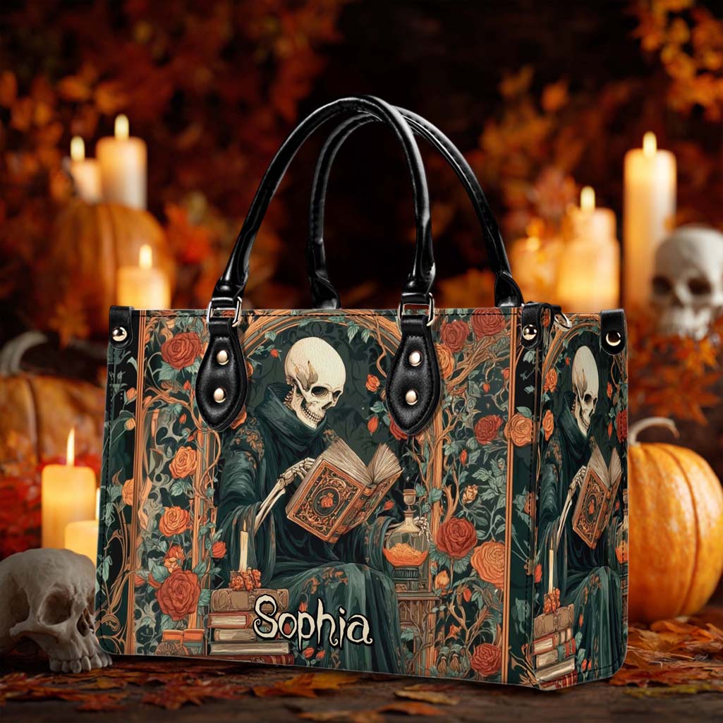 Personalized Gothic Skeleton Reading Book PU Leather Handbag QFHM5110901