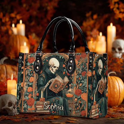 Personalized Gothic Skeleton Reading Book PU Leather Handbag QFHM5110901