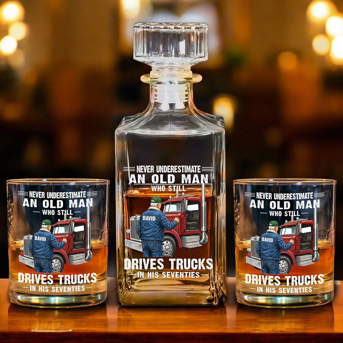 Custom Never Underestimate Drivers Trucks Decanter Set THHH6020301