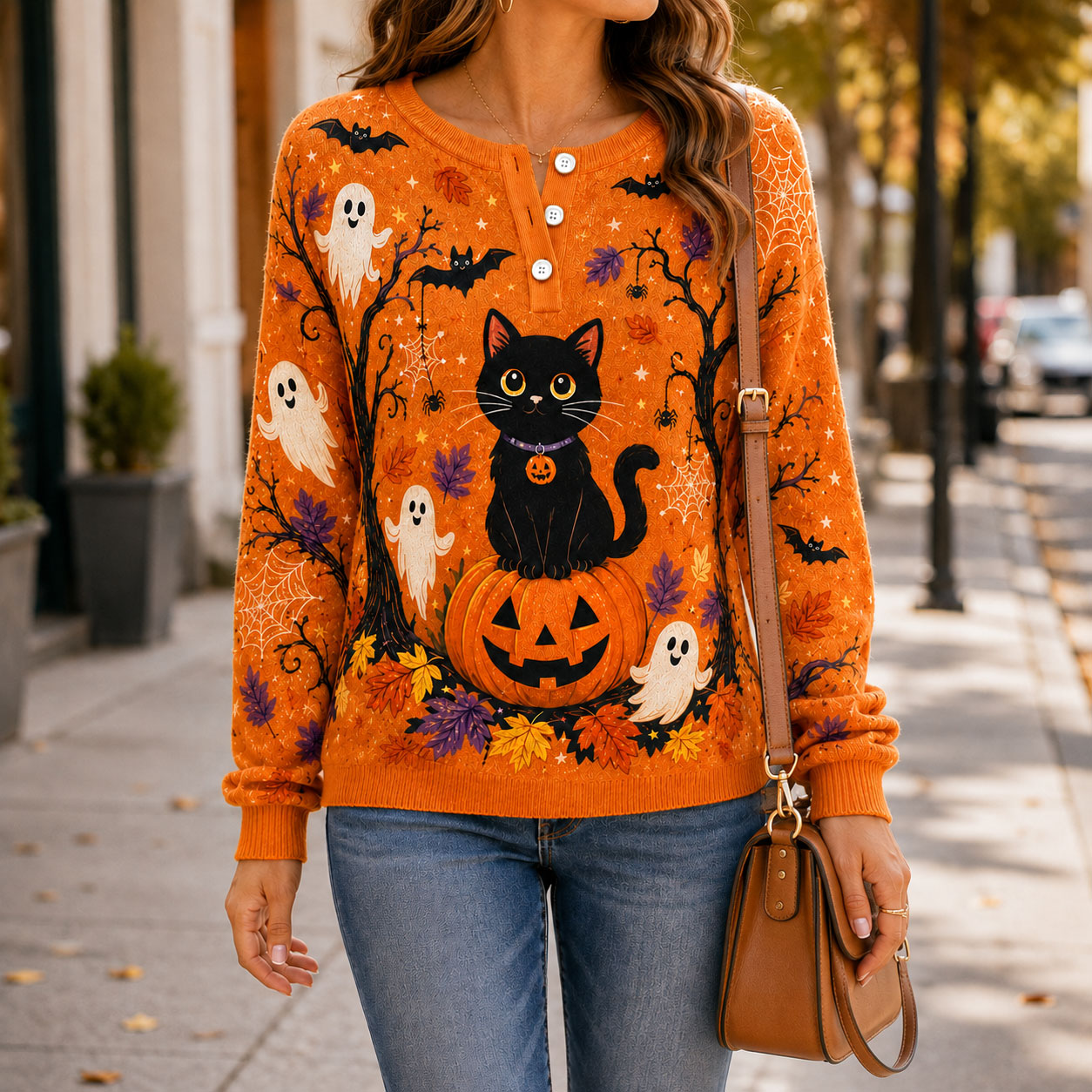 Halloween Buttoned Cardigan Sweater UKTD6130802