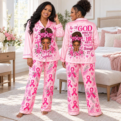 Personalized Breast Cancer Awareness Satin Pajama Set UKHA6061004