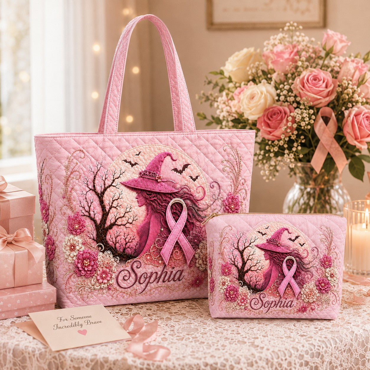Personalized Pink Witch Breast Cancer Quilted Shoulder Tote Bag QFTD6150805
