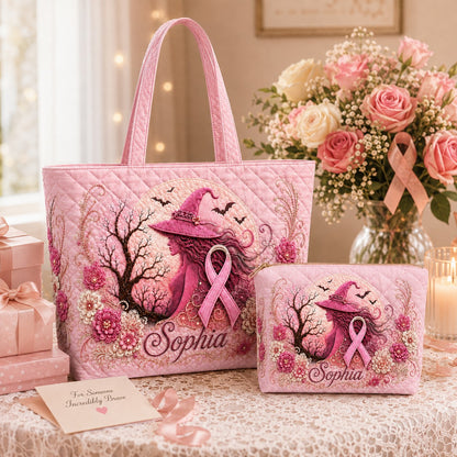 Personalized Pink Witch Breast Cancer Quilted Shoulder Tote Bag QFTD6150805