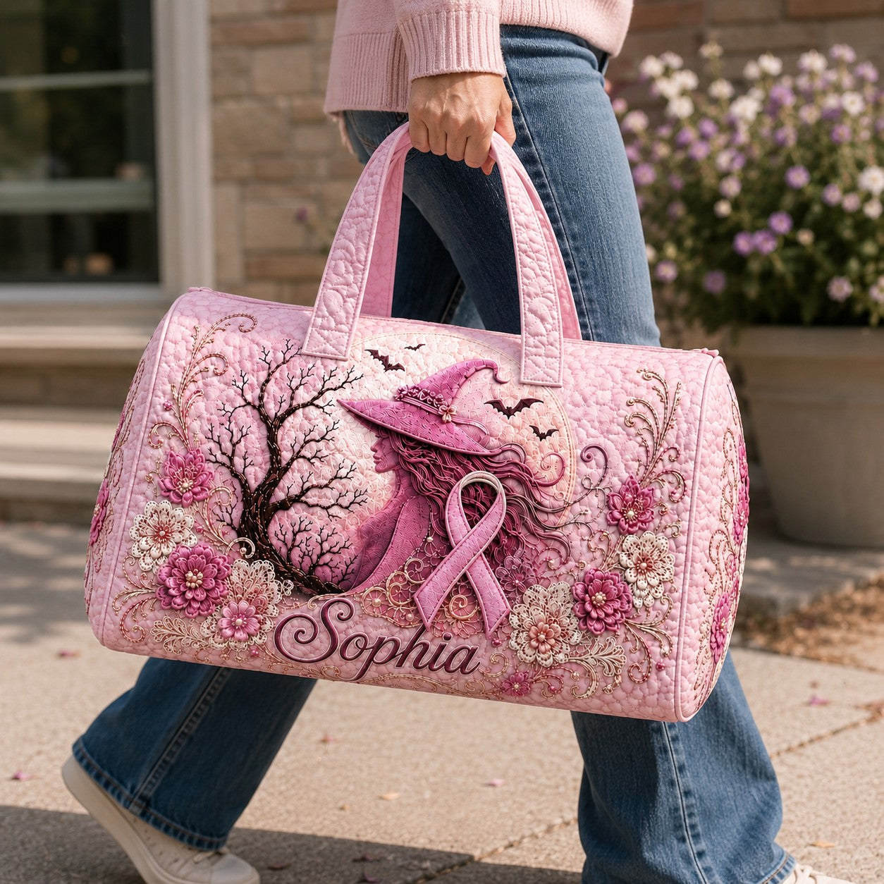 Personalized Pink Witch Quilted Duffle Bag, Custom Name Breast Cancer Awareness Travel Bag, Pink Ribbon Halloween Gift for Her QFTD6150804