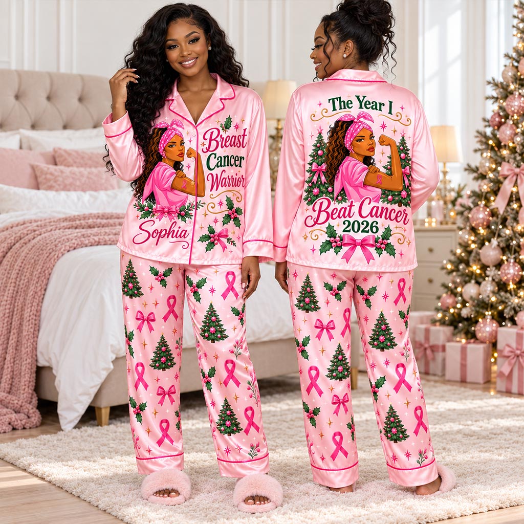 Personalized Breast Cancer Awareness Satin Pajama Set UKHA6061005