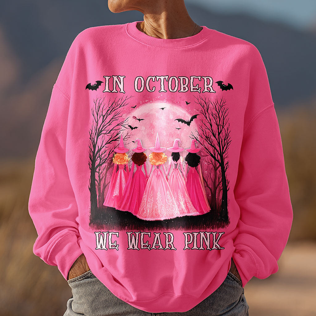 In October We Wear Pink Shirt, Breast Cancer Awareness Sweatshirt, Pink Halloween Witch QFHM5040901