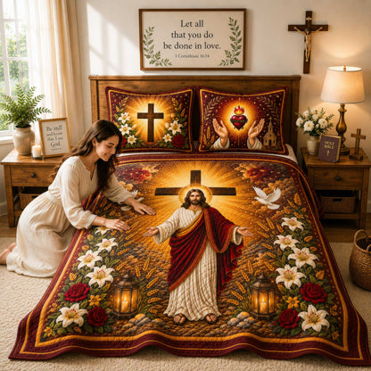 Jesus Quilted Bedding Set, Faith Over Fear, Religious Bedroom Decor UKNT6110801