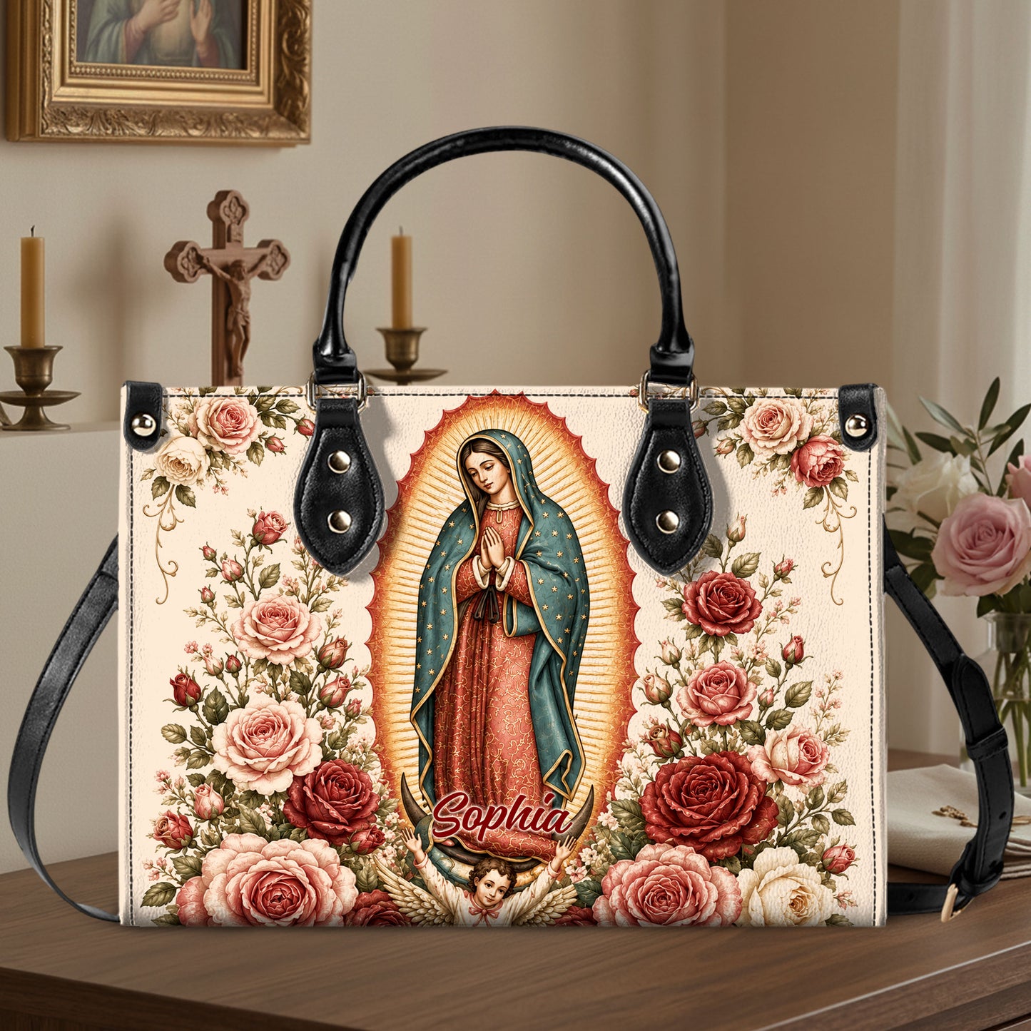Custom Catholic Virgin Mary And Rose Handbag And Wallet, Our Lady of Guadalupe Gift PMTD6240605