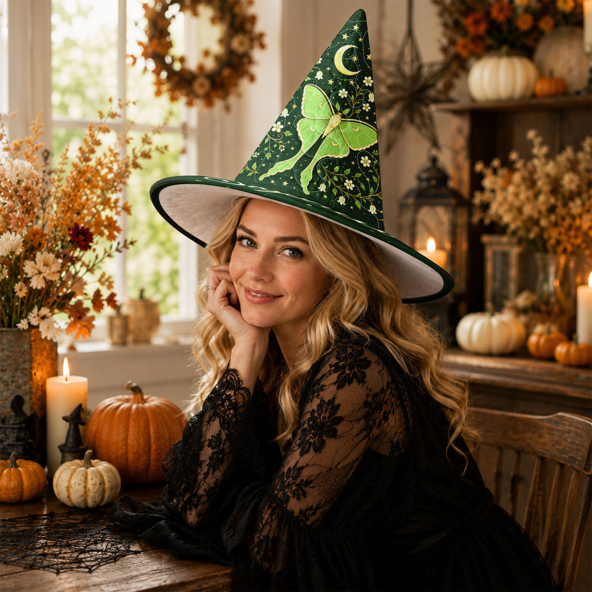 Personalized Luna Moth Quilted Witch Hat, Celestial Moon Phase Halloween Decor UKND6070811