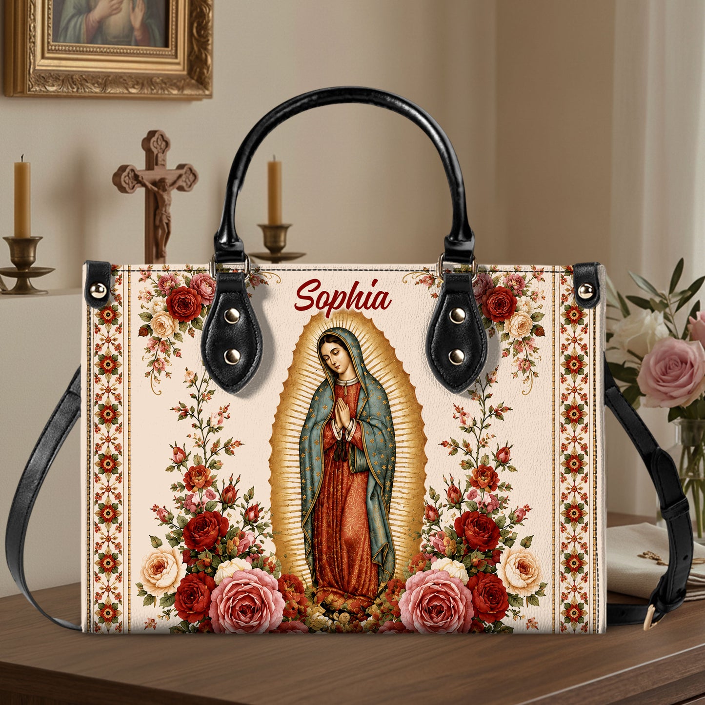 Custom Catholic Virgin Mary And Rose Handbag And Wallet, Our Lady of Guadalupe Gift PMTD6240604