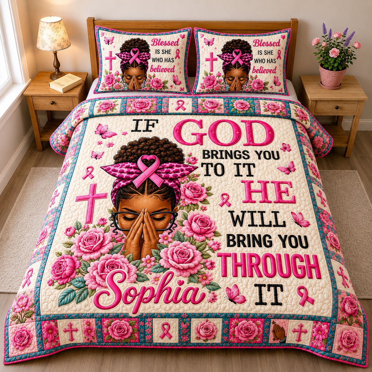 Personalized Breast Cancer Awareness Faith Quilt Bedding Set QFTD6050801