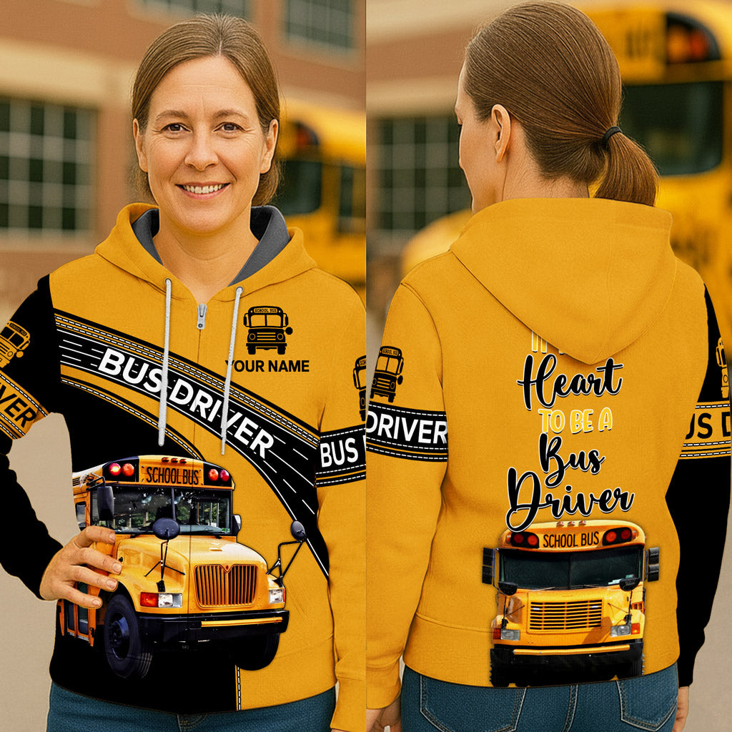 Personalized Name School Bus Driver Zipper Hoodie, It Takes Heart To Be A Bus Driver NPNT4240704