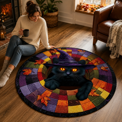 Black Cat Halloween Optical Illusion Rug, Spooky 3D Effect Rug QFTD5160903