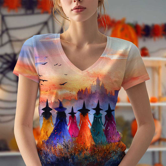 Halloween Vintage Witchy V Neck Shirt QFTZ5090902