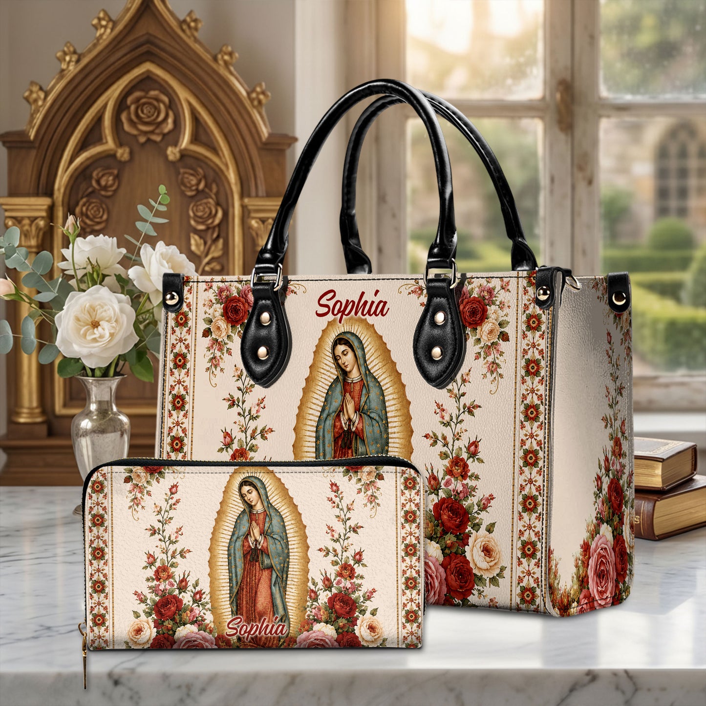 Custom Catholic Virgin Mary And Rose Handbag And Wallet, Our Lady of Guadalupe Gift PMTD6240604