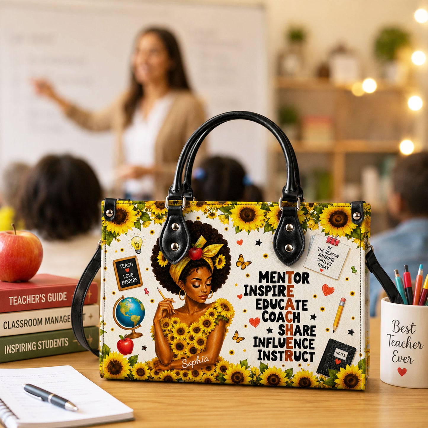 Personalized Black Teacher Woman Leather Handbag UKND6030603