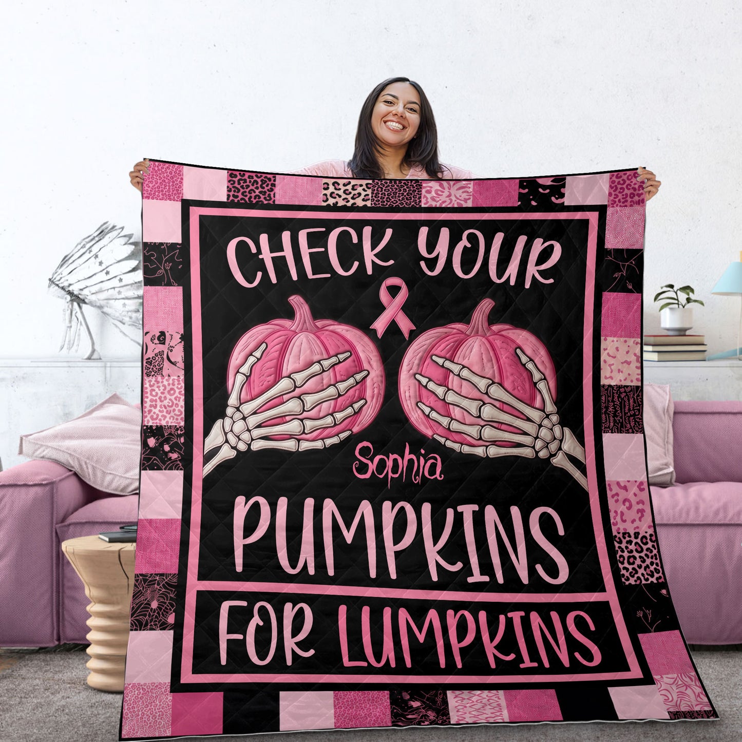 Custom Check Your Pumpkins Quilt Breast Cancer THTD6170602